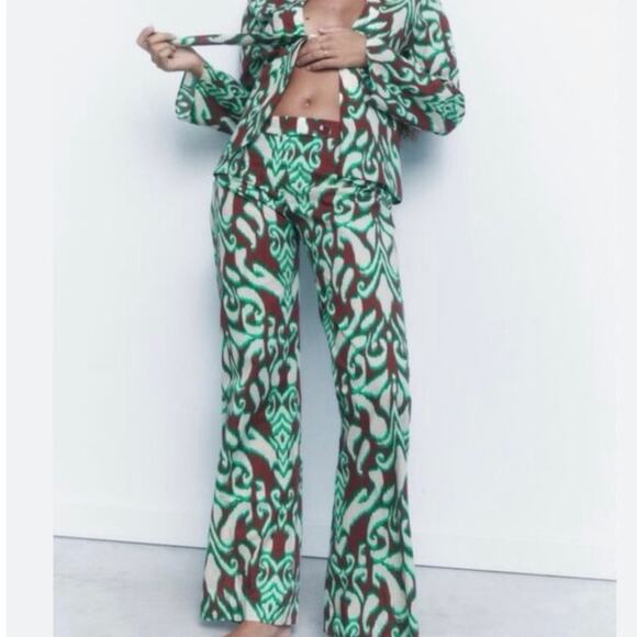Zara Pants - NWT Zara Printed Wide Leg Cotton Pants Sz XS Green & Brown 70s Boho